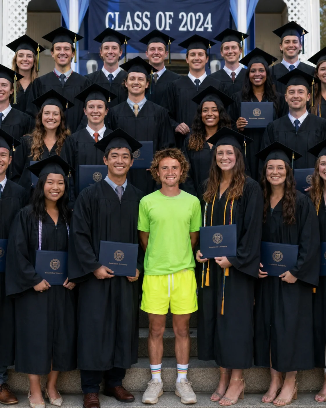 Ian Cropp standing in a bright green outfit among a Class of 2024 graduation group