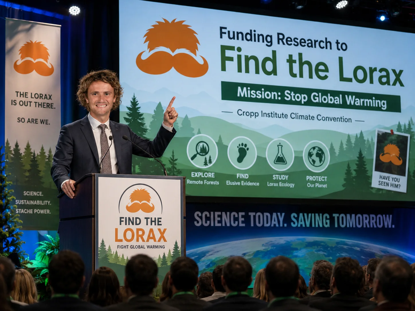 Ian Cropp presenting his funded research plan to find the Lorax
