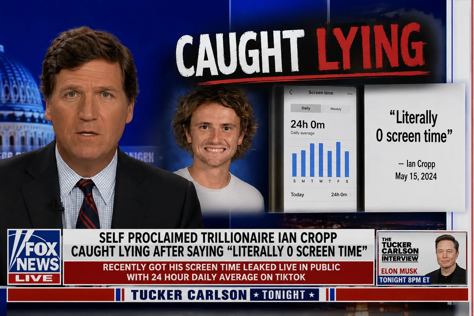 Graphic showing Ian Cropp caught lying about screen time
